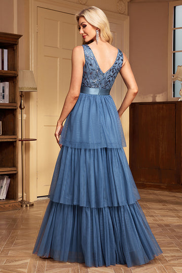 Grey Blue Tiered Spaghetti Straps A Line Formal Dress